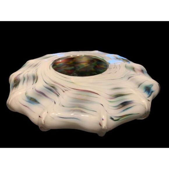 Hand-Blown White Art Glass Ruffled Edge Bowl With Multicolor Swirl Design - Picture 1 of 7